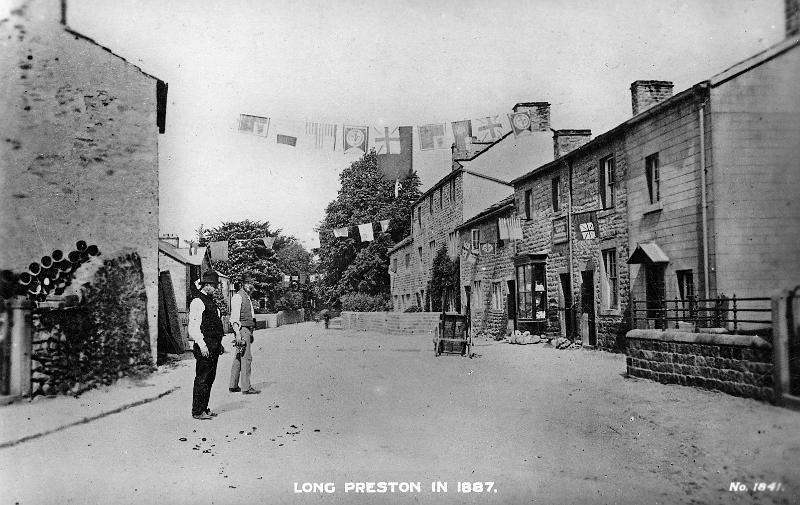 Main Street - Jubilee Decorations June 1887.jpg - Main Street in Long Preston decorated for Queen Victoria's Golden Jubilee - June 1887. The buildings on the left are Bob Duckets builders yard, now Ribble Terrace.